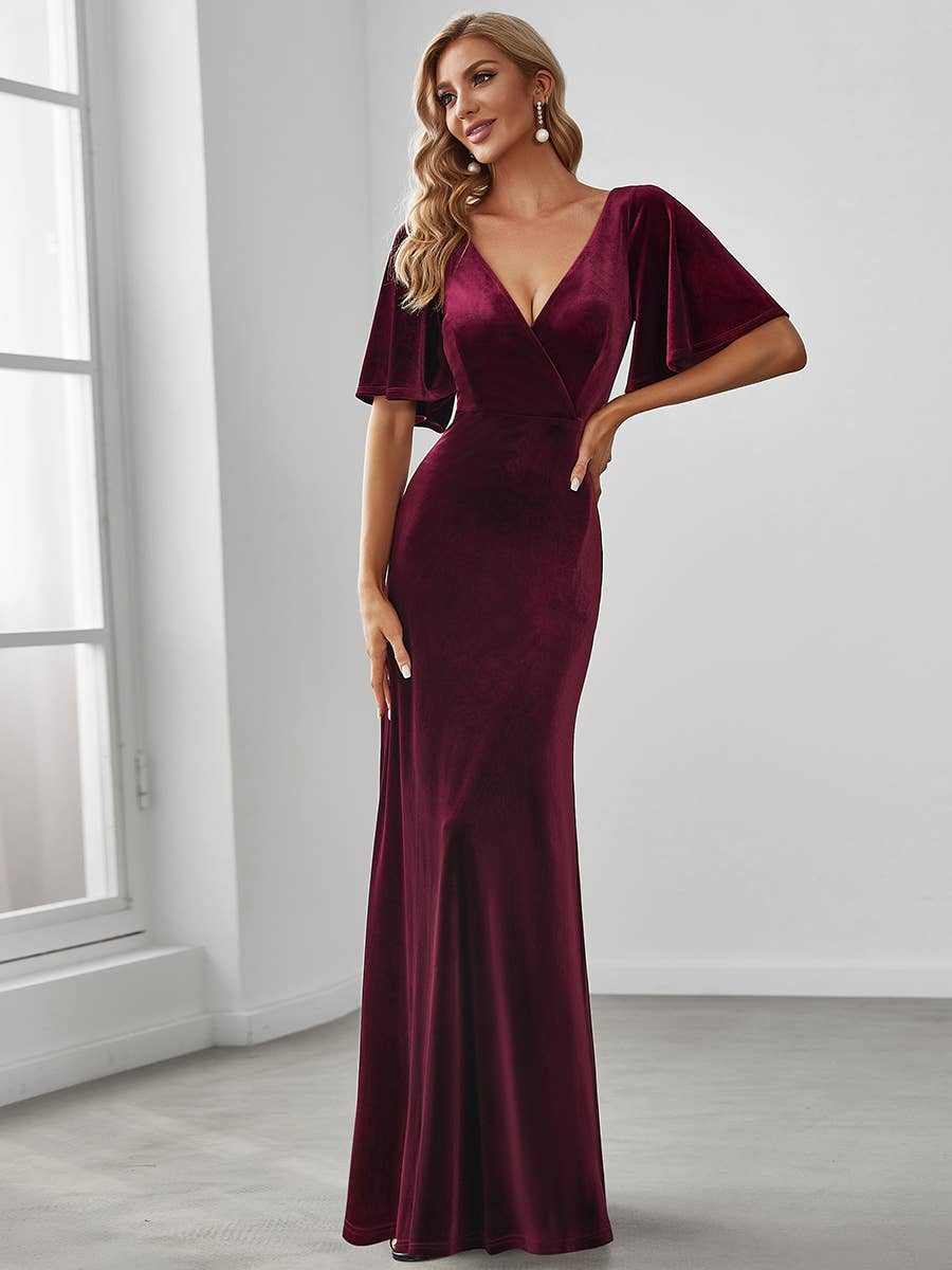 Elegant Double V Neck Velvet Wholesale Party Dress