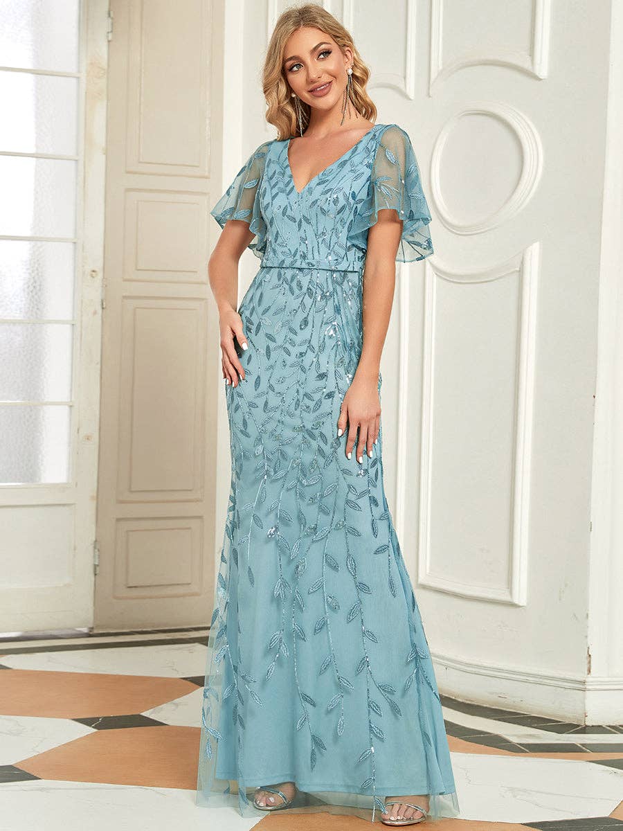 Gorgeous Leaf-Sequined Evening Dress