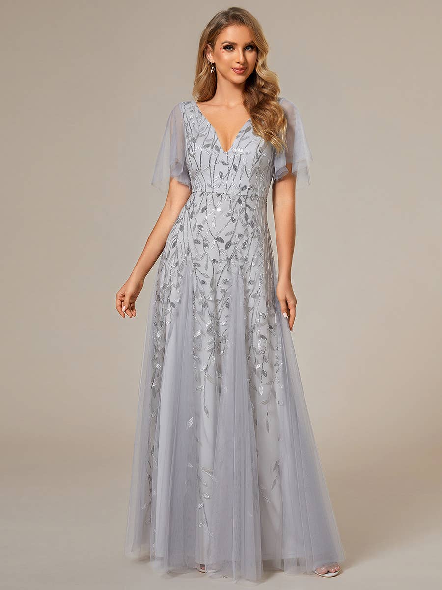 Romantic Shimmery V Neck Ruffle Sleeves Evening Dress