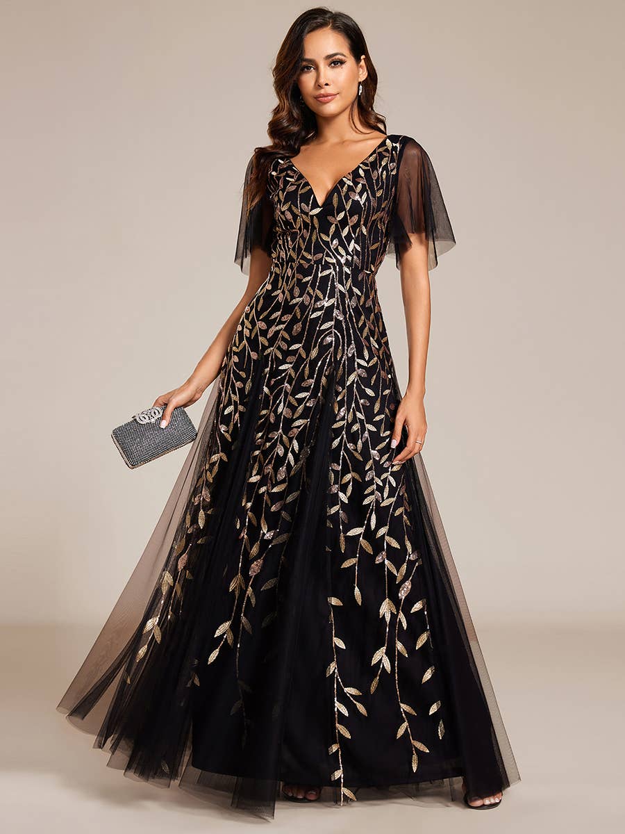 Romantic Shimmery V Neck Ruffle Sleeves Evening Dress