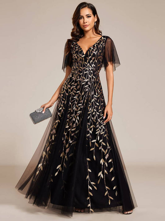 Romantic Shimmery V Neck Ruffle Sleeves Evening Dress