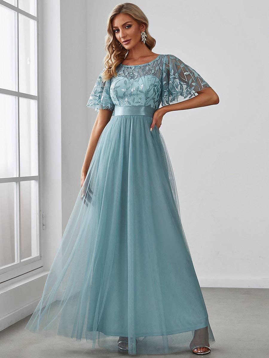 Sequin Print Maxi Long Evening Dresses with Cap Sleeve