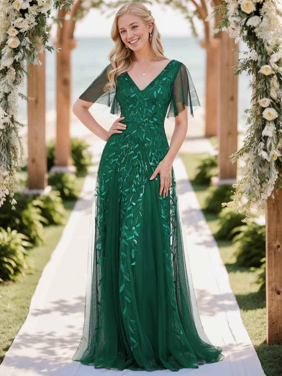 Romantic Shimmery V Neck Ruffle Sleeves Evening Dress
