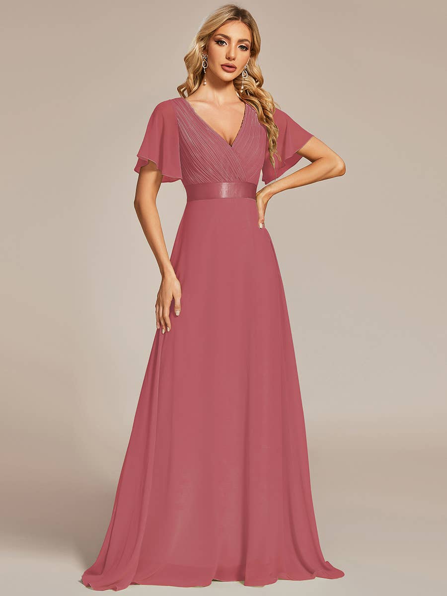 Double V-Neck Ruffles Chiffon Bridesmaid Dress
