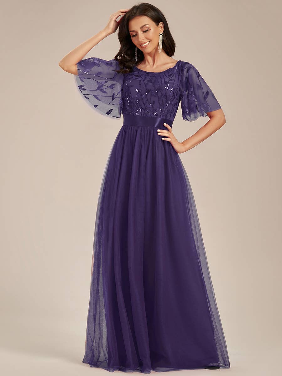 Sequin Print Maxi Long Evening Dresses with Cap Sleeve