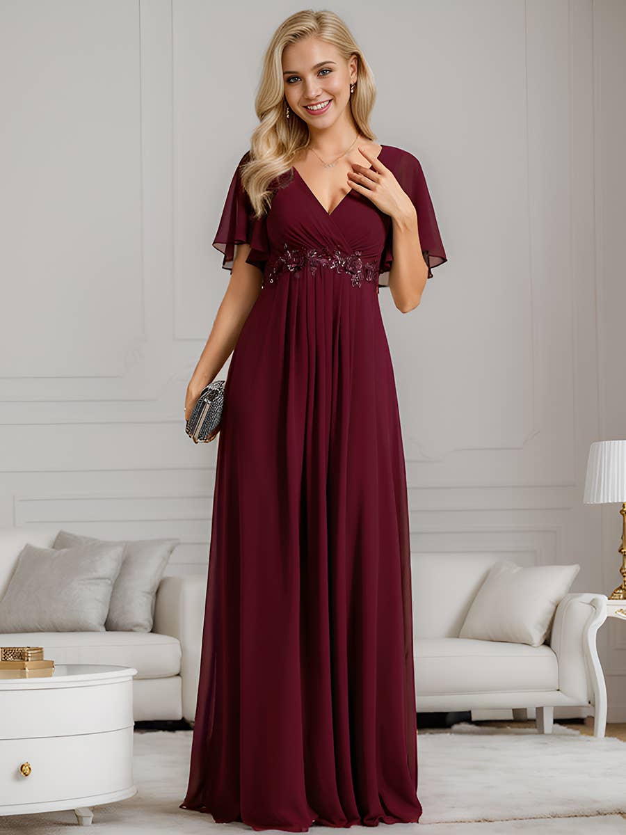 V Neck Appliques Pleated Bridesmaid Dress
