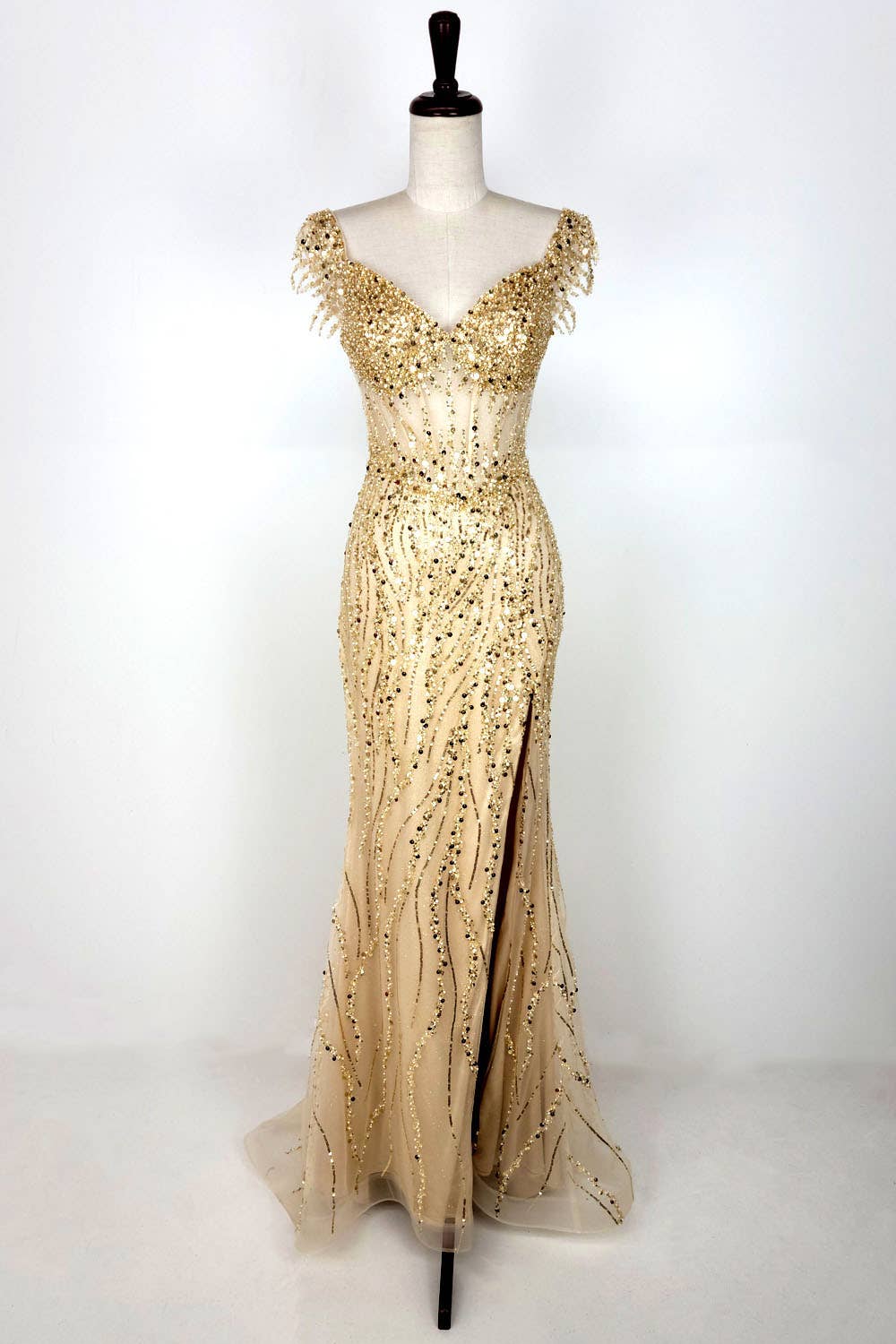 Off the Shoulder Sequin and Bead Long Dress C331
