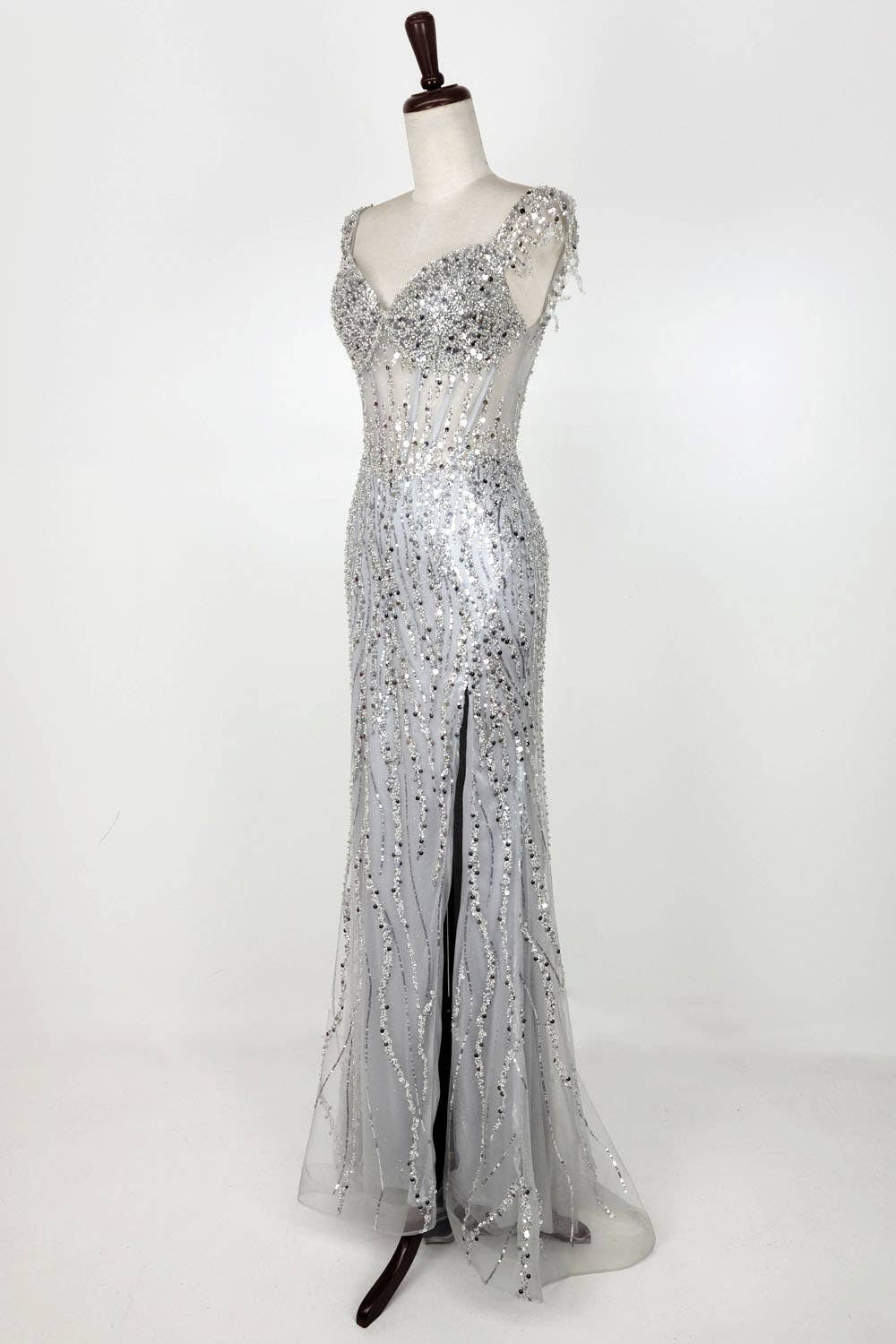 Off the Shoulder Sequin and Bead Long Dress C331