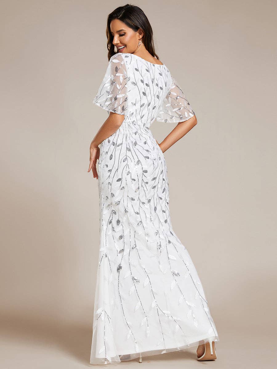 Gorgeous Leaf-Sequined Evening Dress