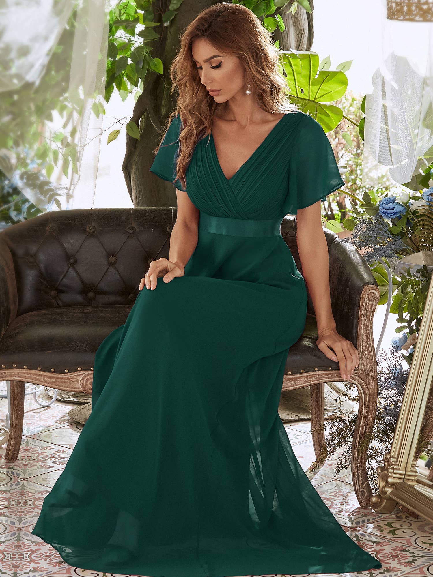 Double V-Neck Ruffles Chiffon Bridesmaid Dress