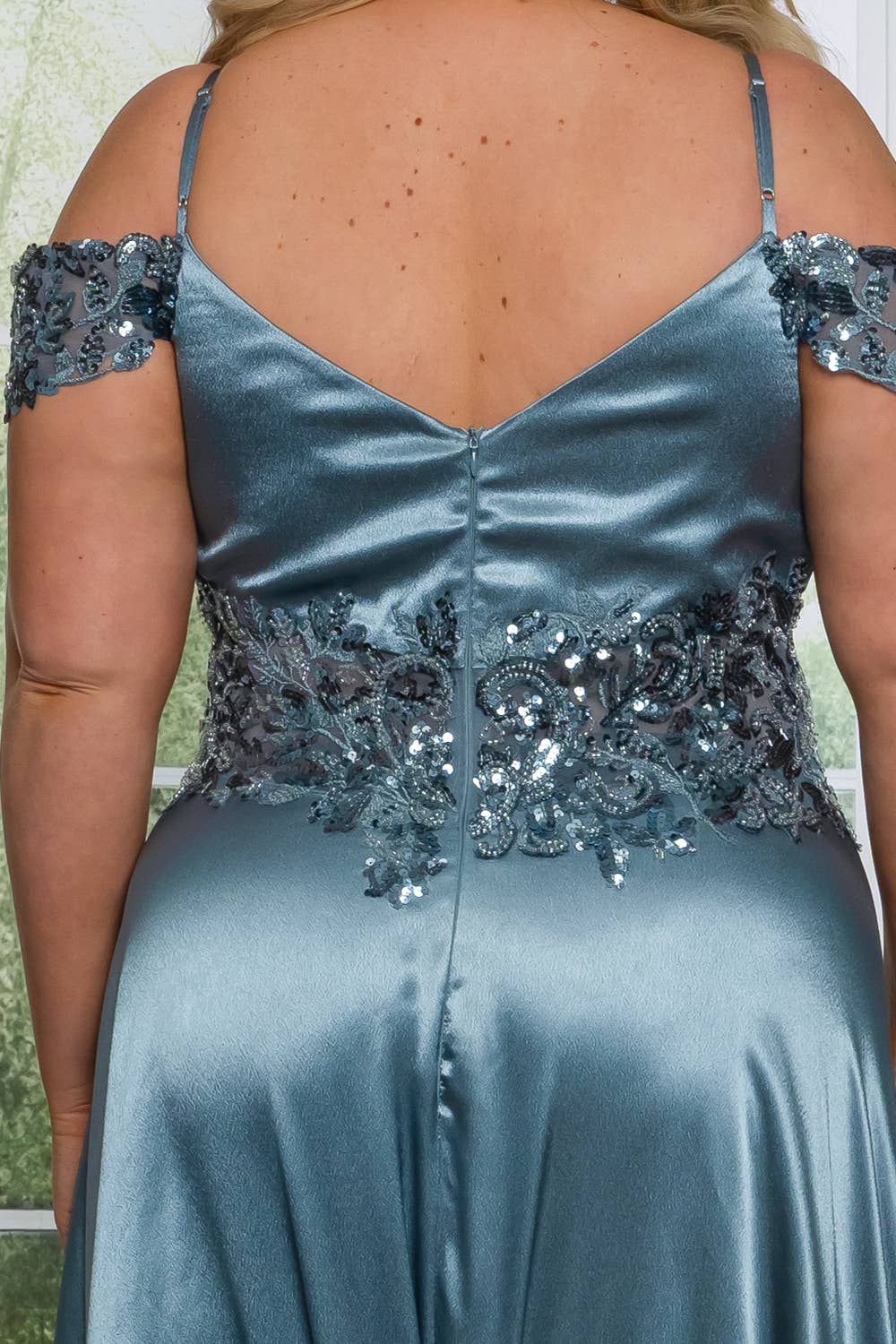P7536-PLUS SATIN A LINE MAXI DRESS WITH SEQUINS AND BEADING