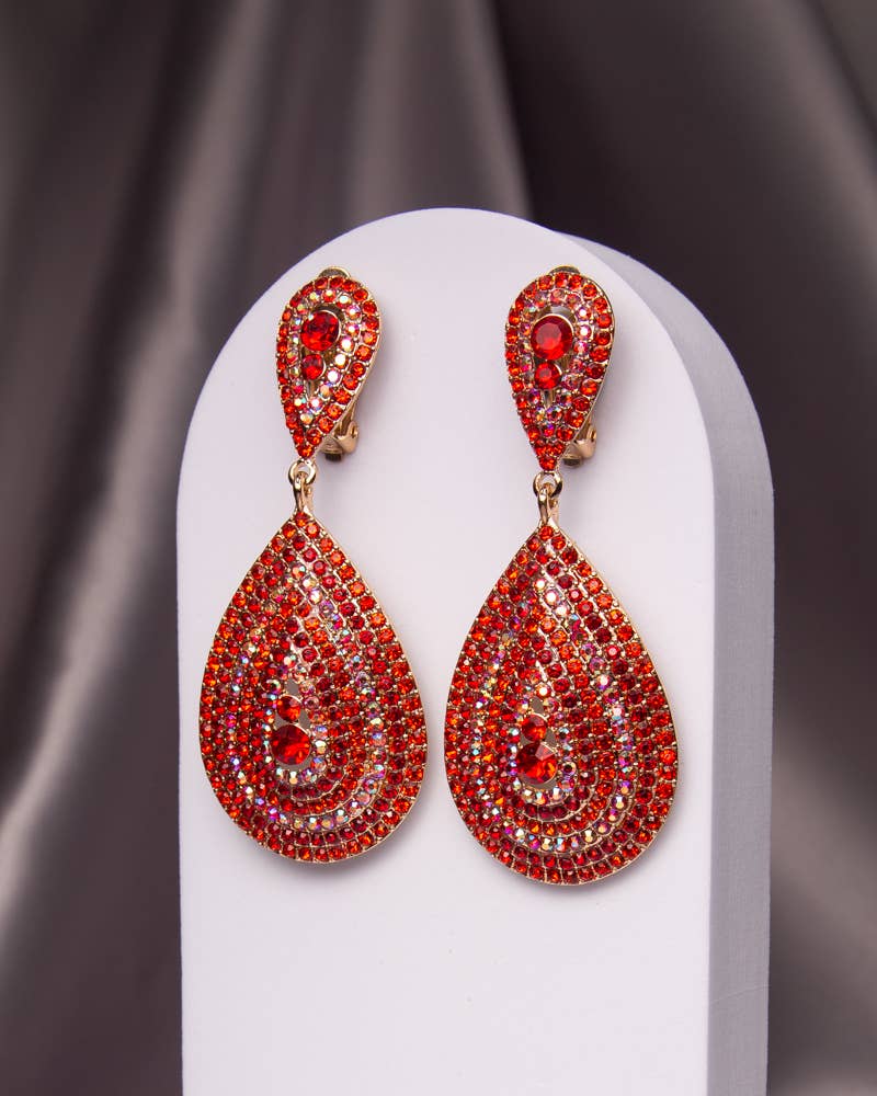 Teardrop Shaped Crystal Pave Clip-On Earrings
