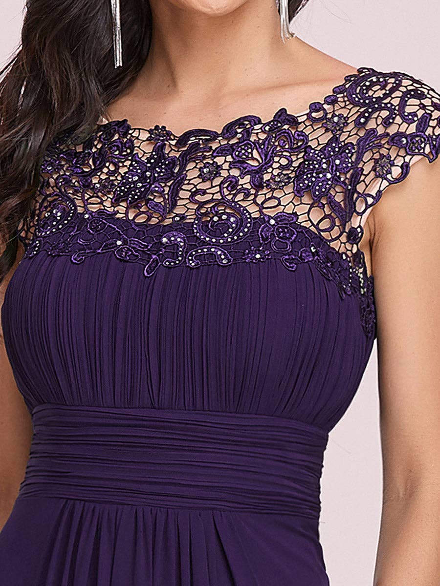 Lacey Neckline Open Back Ruched Bust  Chiffon Evening Dress