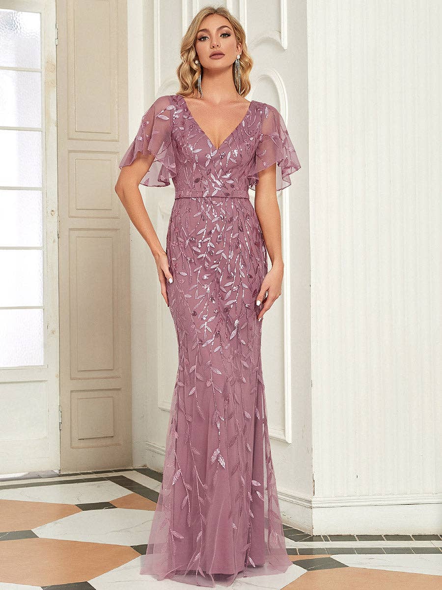 Gorgeous Leaf-Sequined Evening Dress