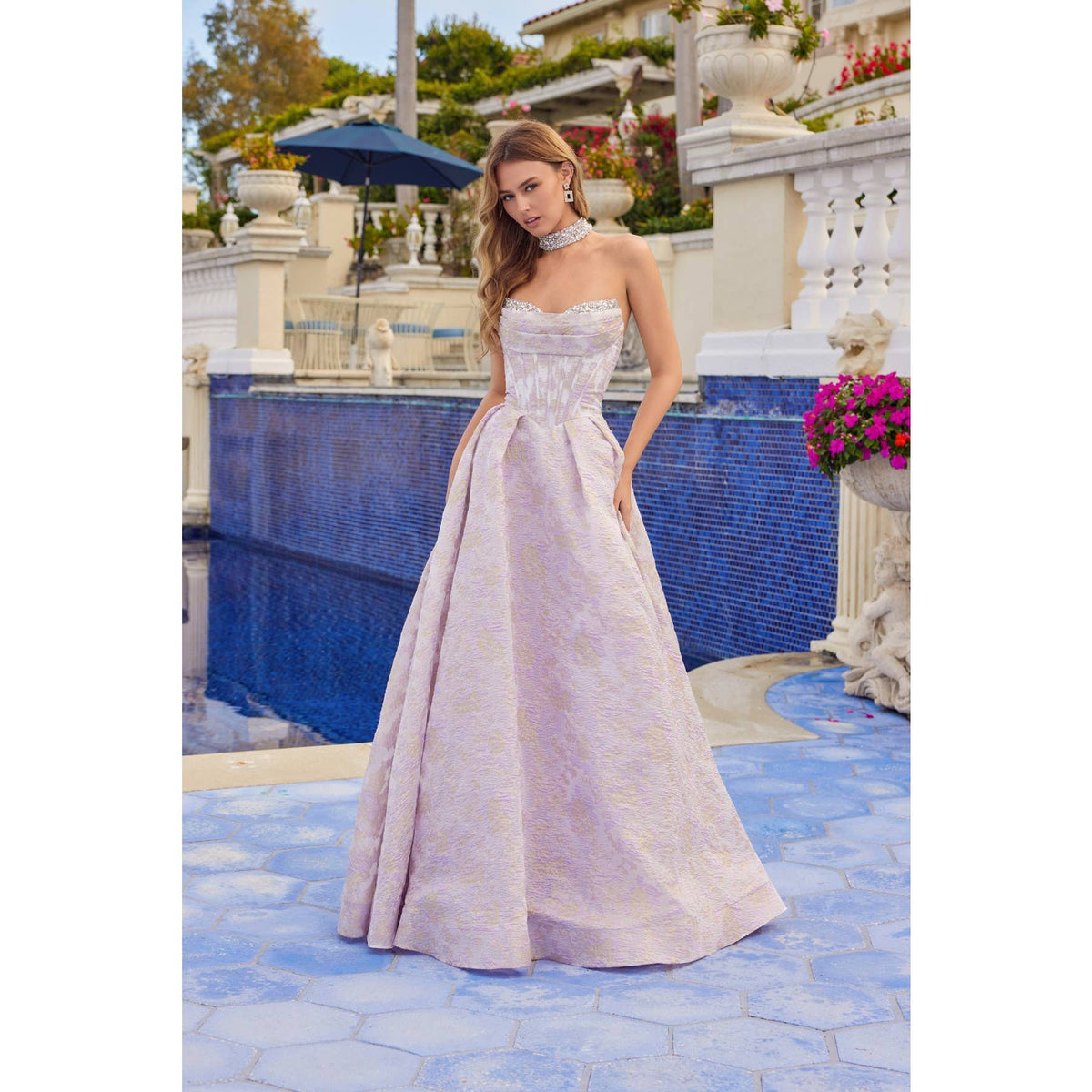 JACQUARD STRAPLESS BALL GOWN WITH STRUCTURED CORSET BODICE A