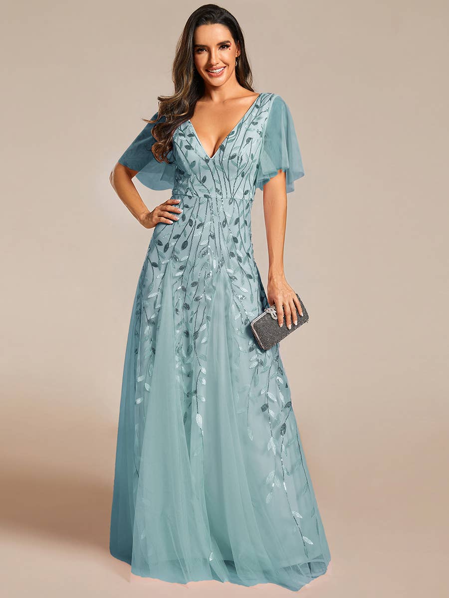 Romantic Shimmery V Neck Ruffle Sleeves Evening Dress