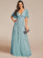 Romantic Shimmery V Neck Ruffle Sleeves Evening Dress