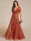Romantic Shimmery V Neck Ruffle Sleeves Evening Dress