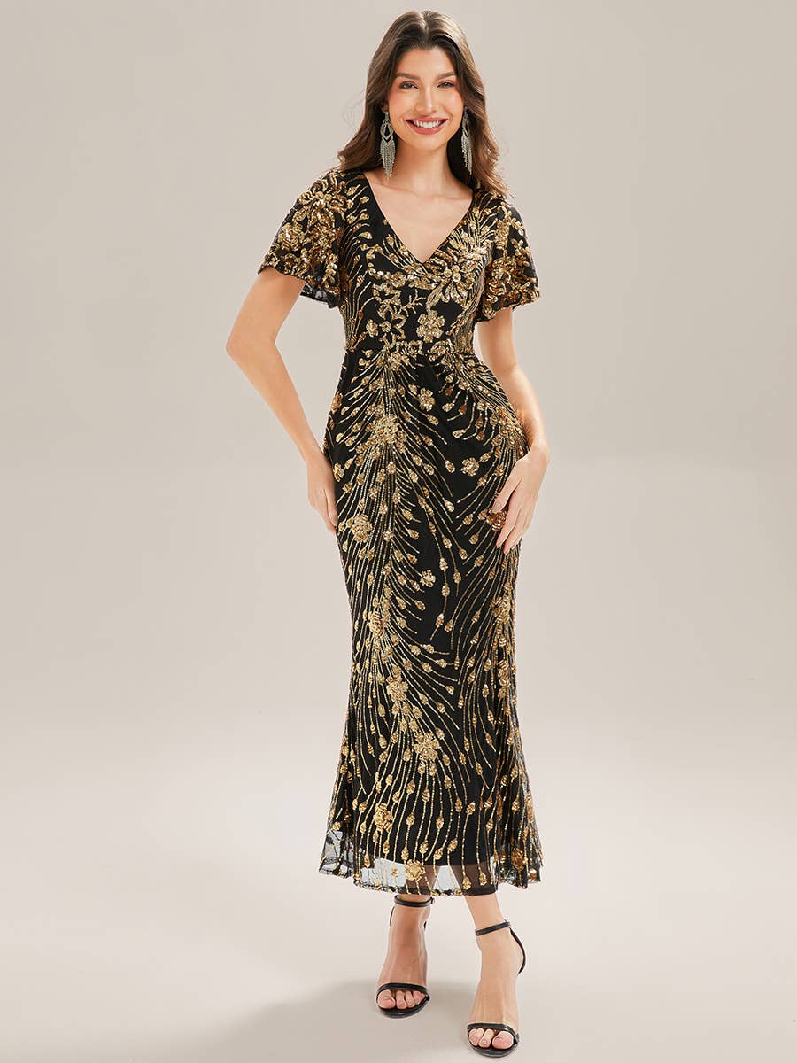 Strapless Deep Fishtail Paillette Midi Evening Dresses