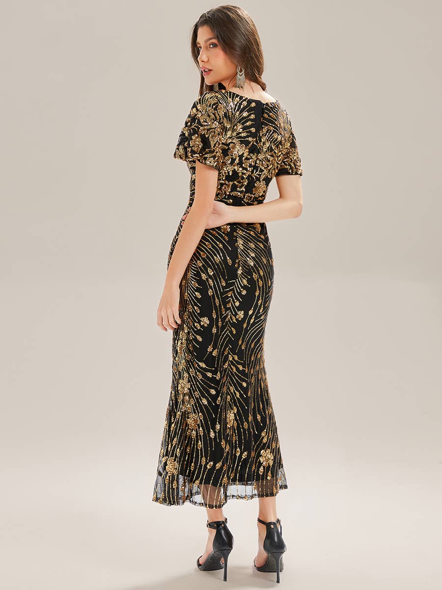 Strapless Deep Fishtail Paillette Midi Evening Dresses