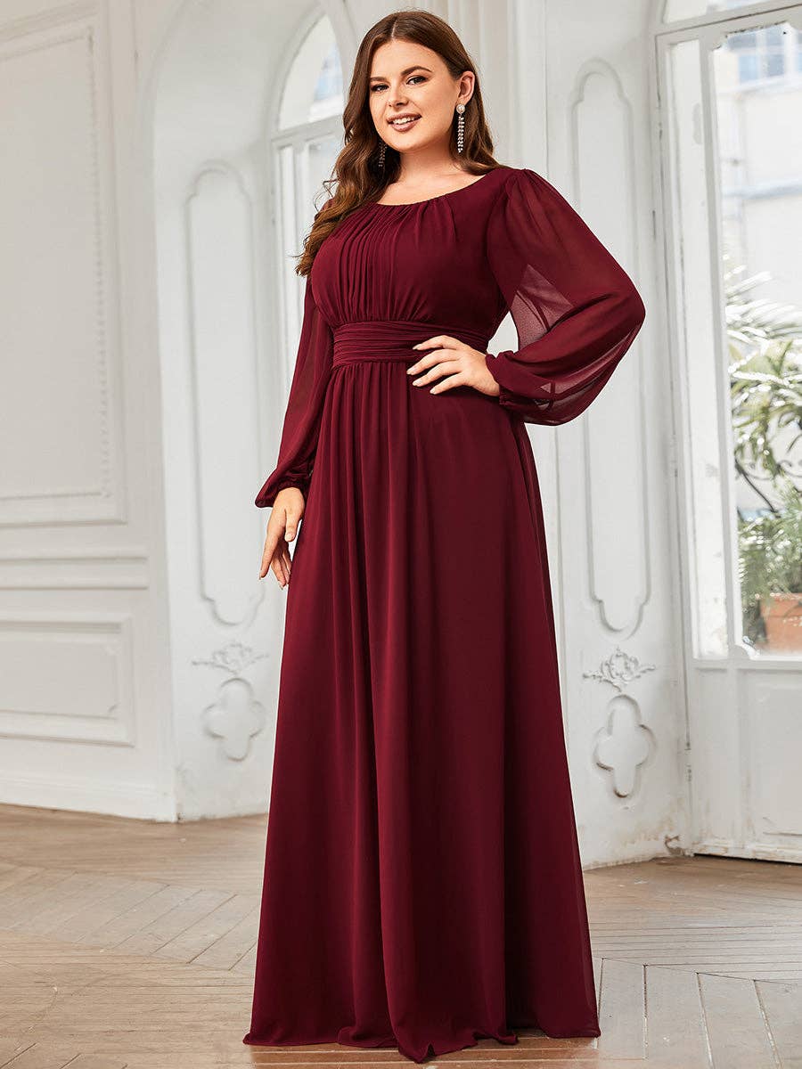 Plus Size Long Lantern Sleeves Round Neck Bridesmaid Dress