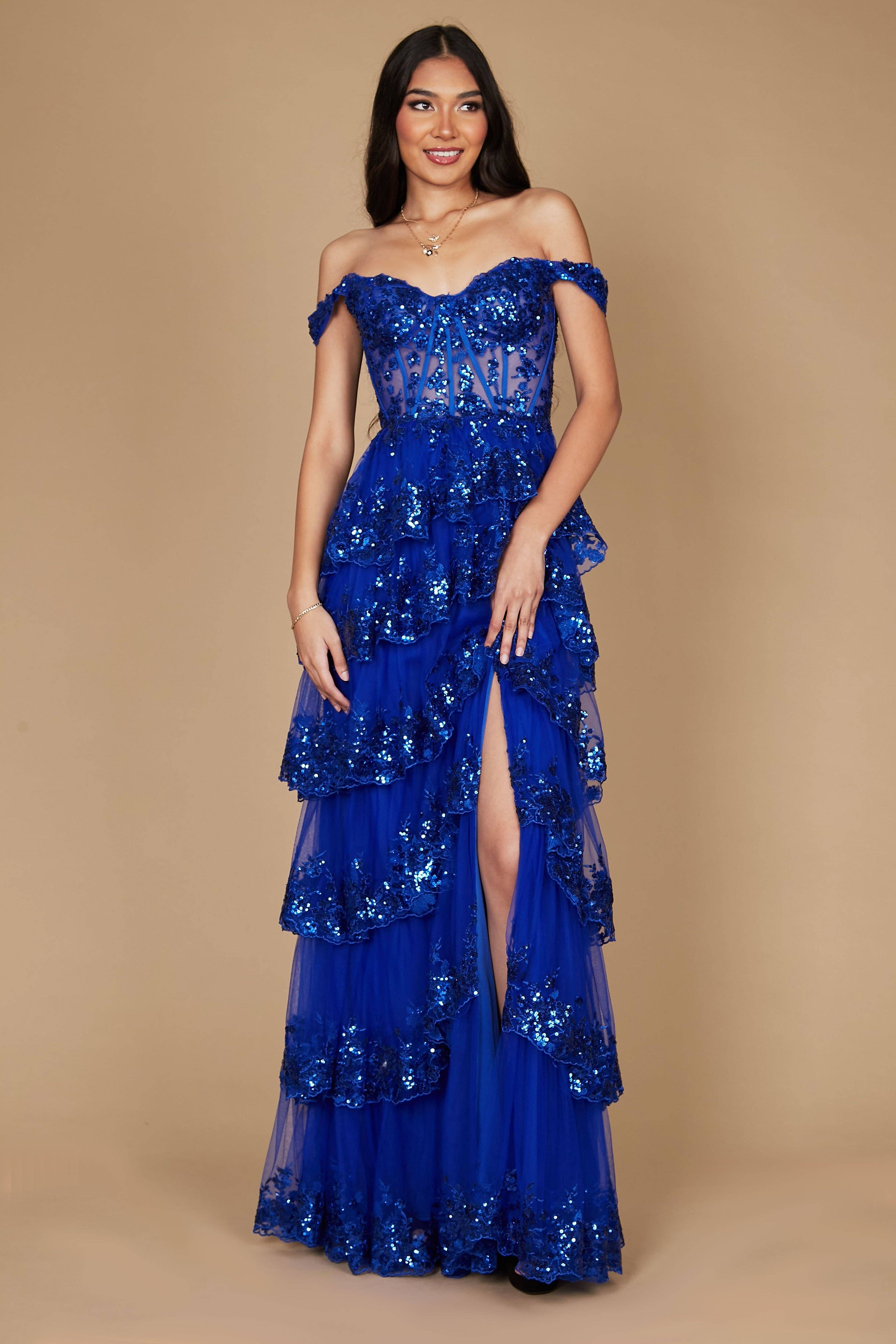 Tiered Prom Dress Off Shoulder Floral Lace with Shimmer