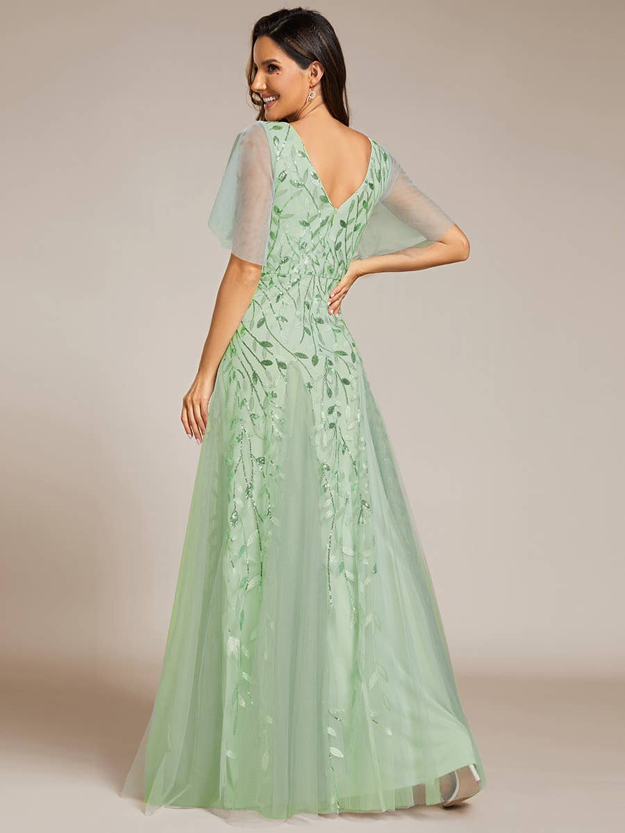 Romantic Shimmery V Neck Ruffle Sleeves Evening Dress