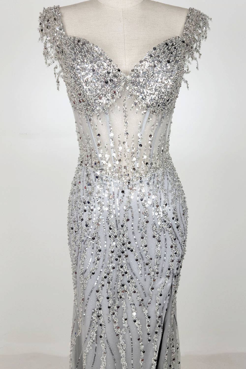 Off the Shoulder Sequin and Bead Long Dress C331