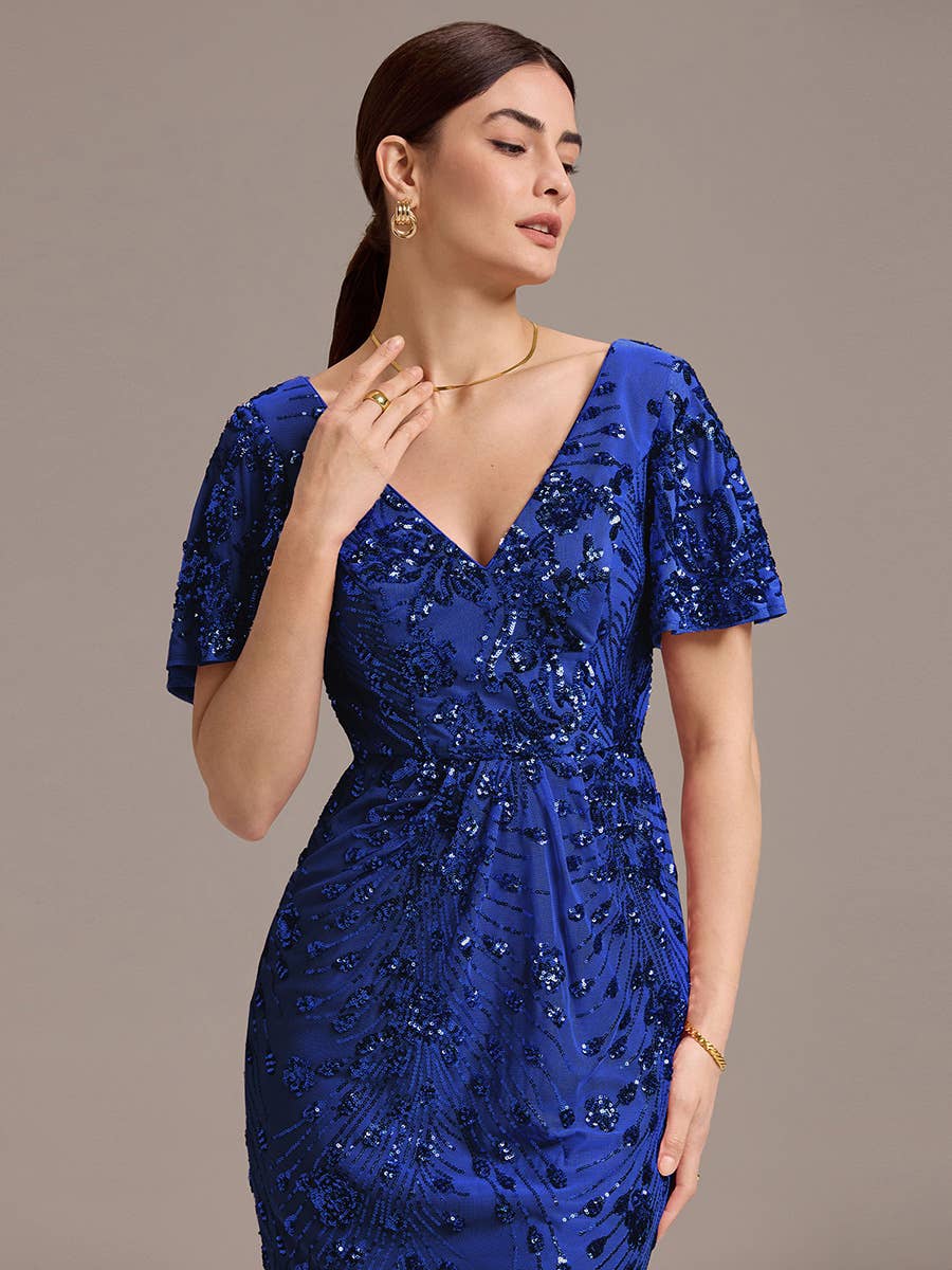 Strapless Deep Fishtail Paillette Midi Evening Dresses