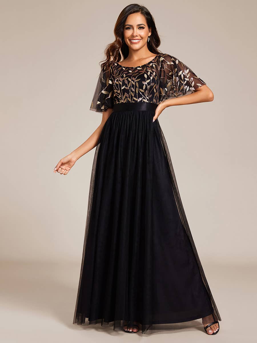 Sequin Print Maxi Long Evening Dresses with Cap Sleeve
