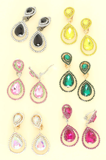 Rhinestone Halo Teardrop Gemstone Clip-On Earrings