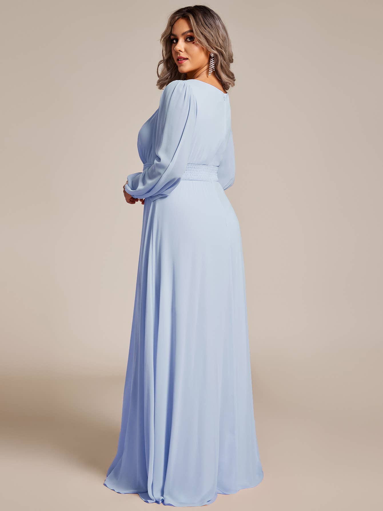 Plus Size Long Lantern Sleeves Round Neck Bridesmaid Dress