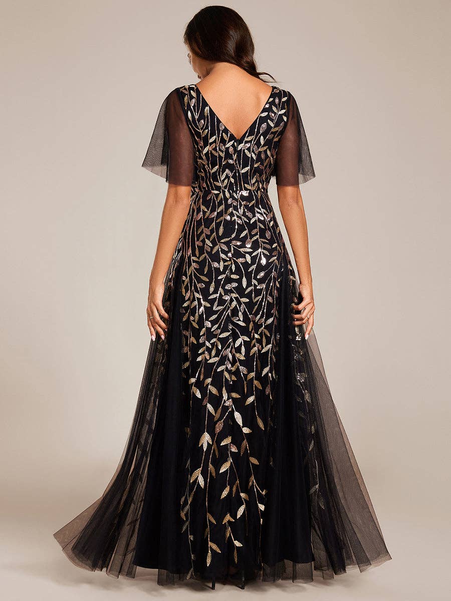 Romantic Shimmery V Neck Ruffle Sleeves Evening Dress