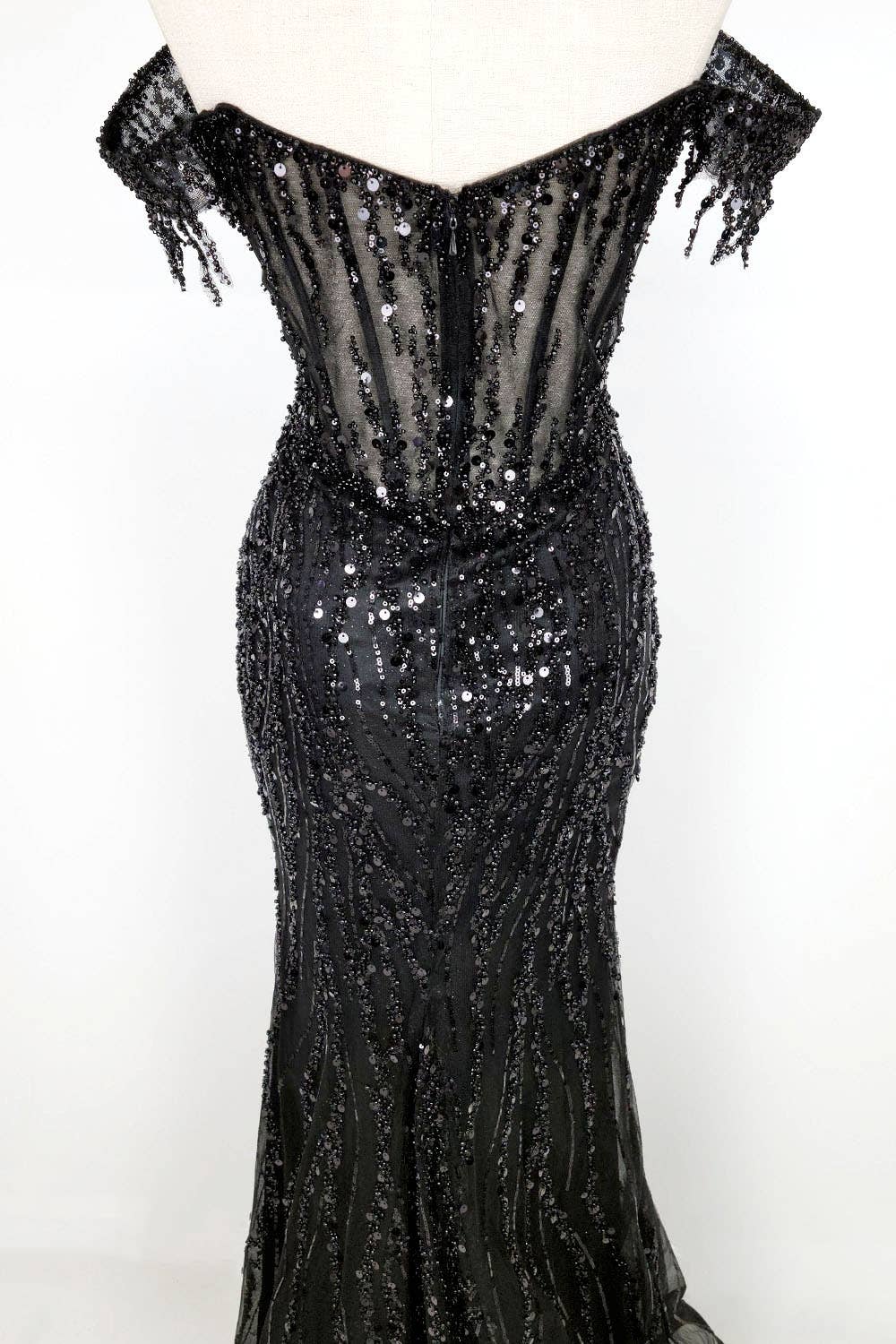Off the Shoulder Sequin and Bead Long Dress C331