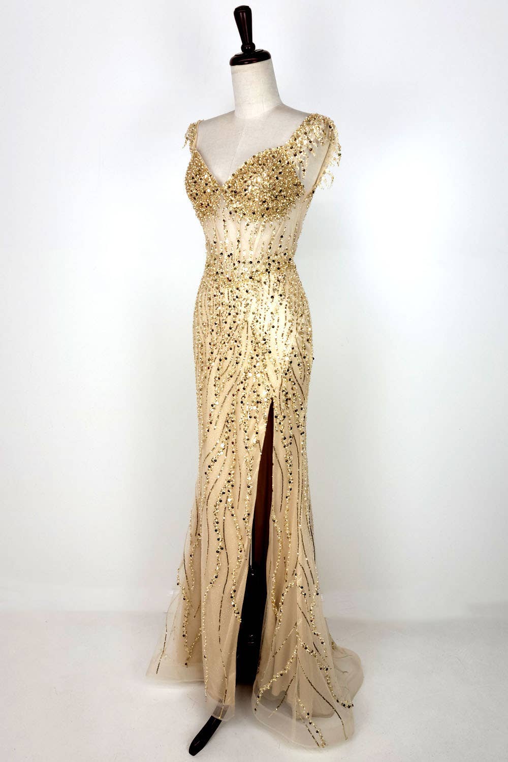 Off the Shoulder Sequin and Bead Long Dress C331