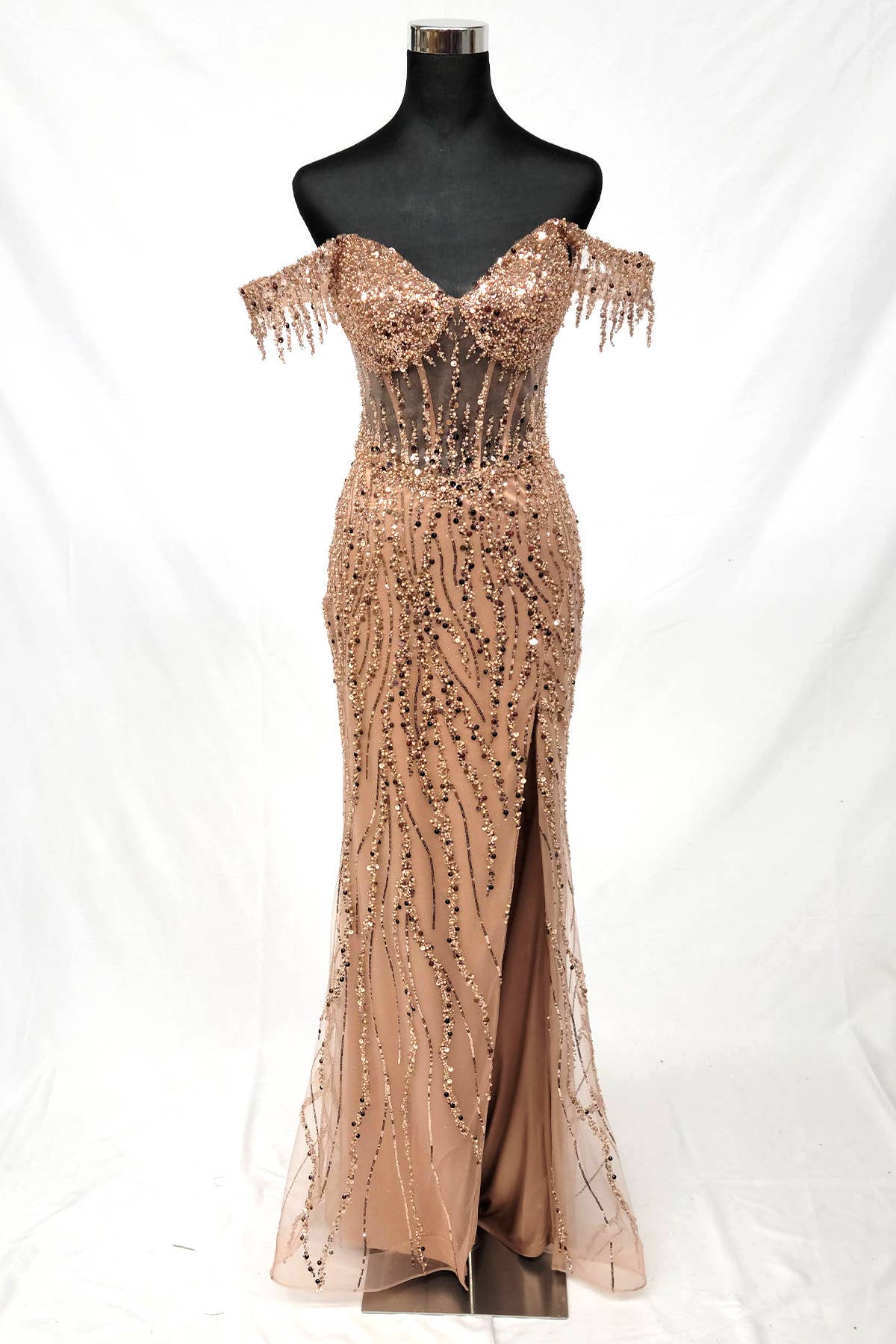 Off the Shoulder Sequin and Bead Long Dress C331