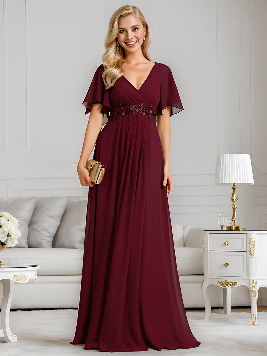 V Neck Appliques Pleated Bridesmaid Dress