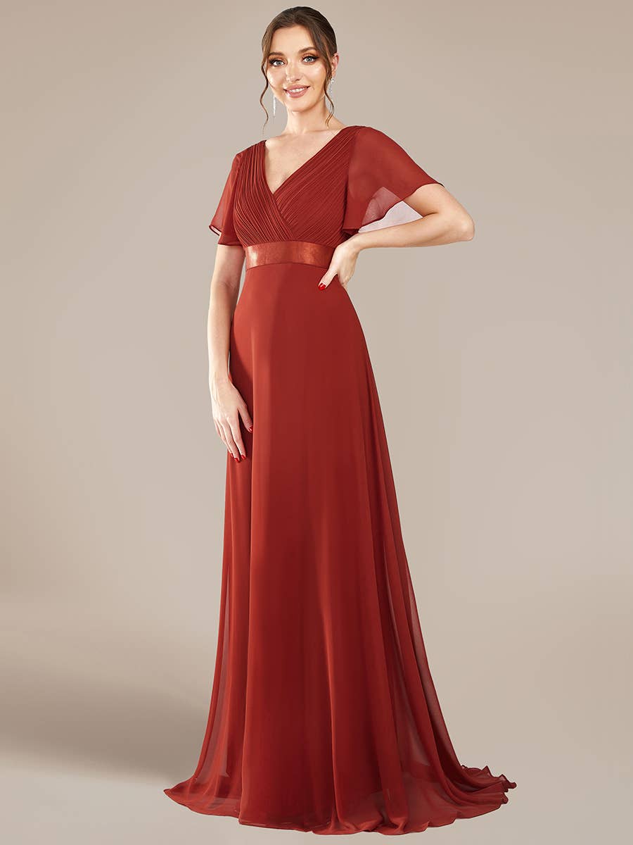 Double V-Neck Ruffles Chiffon Bridesmaid Dress