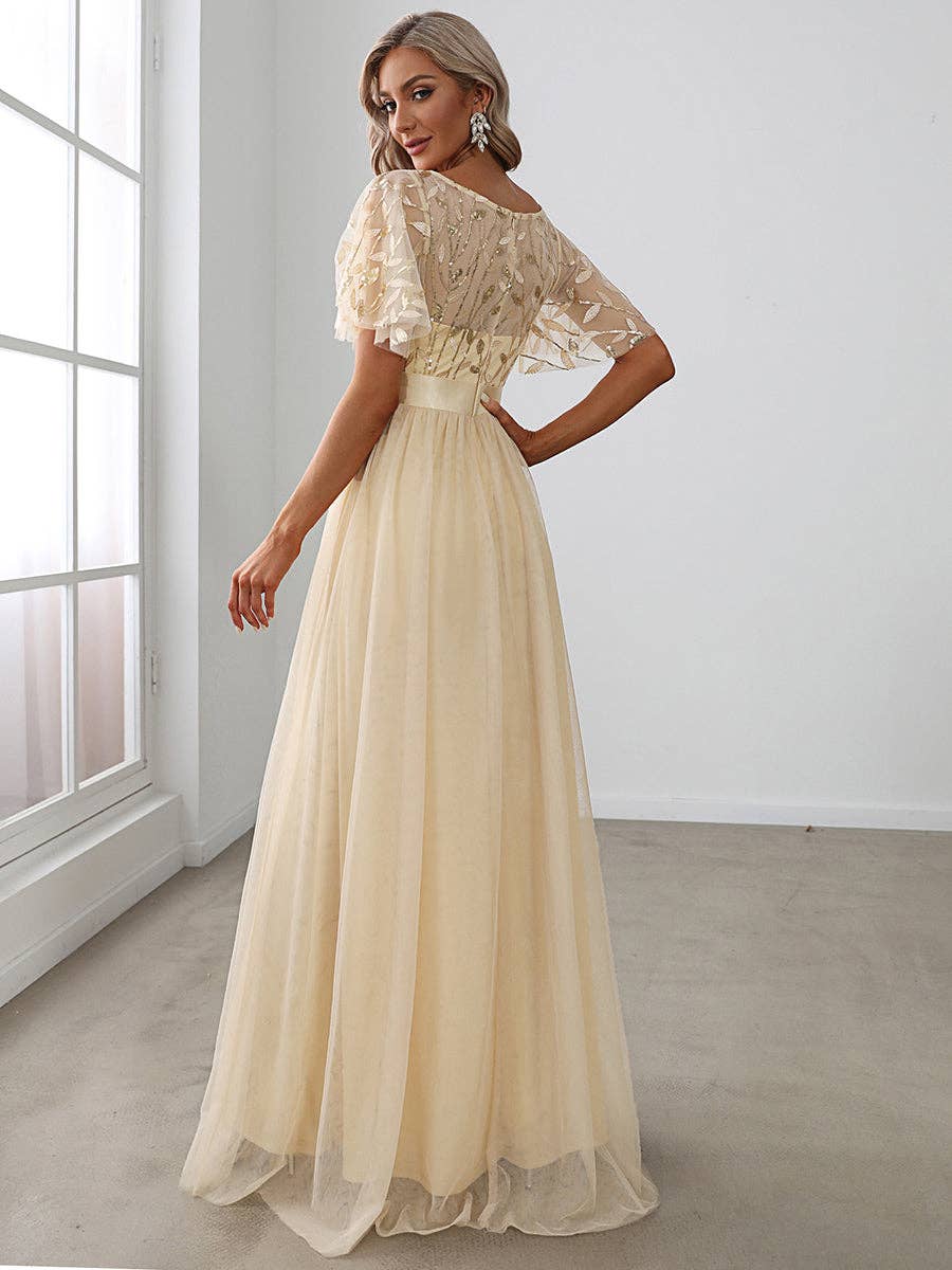 Sequin Print Maxi Long Evening Dresses with Cap Sleeve