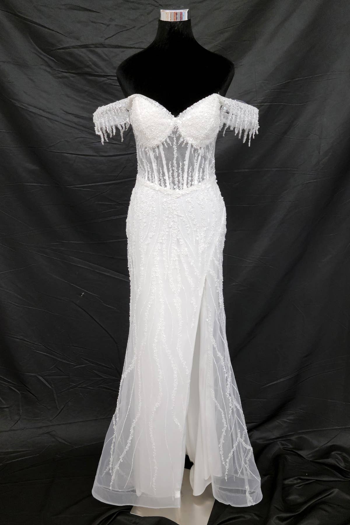 Off the Shoulder Sequin and Bead Long Dress C331