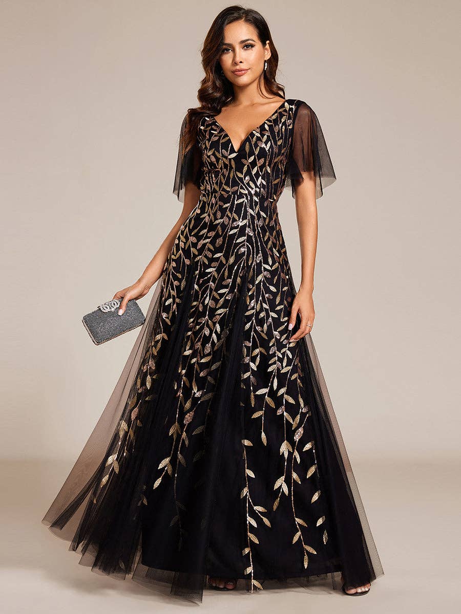 Romantic Shimmery V Neck Ruffle Sleeves Evening Dress