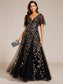 Romantic Shimmery V Neck Ruffle Sleeves Evening Dress