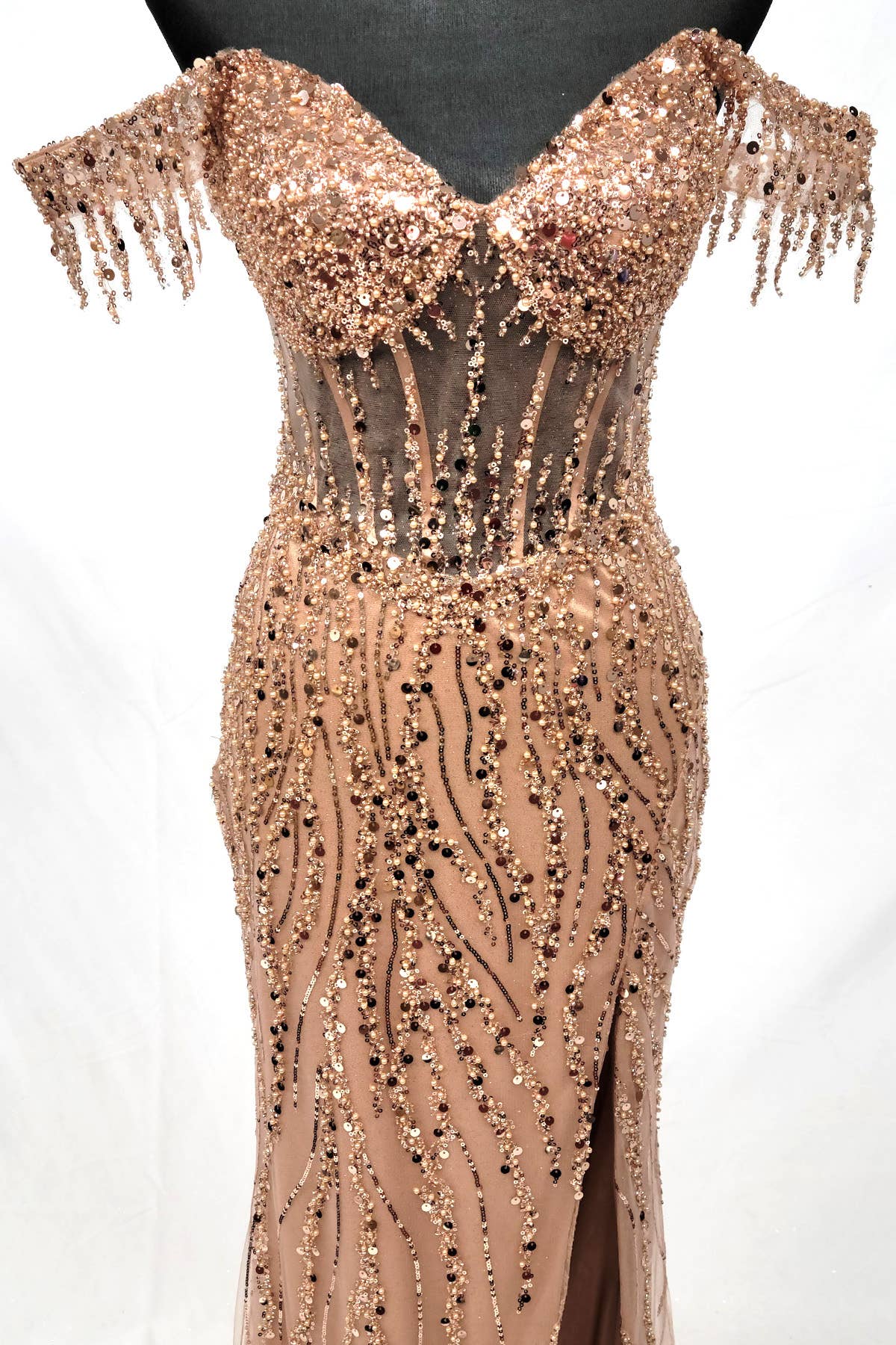 Off the Shoulder Sequin and Bead Long Dress C331
