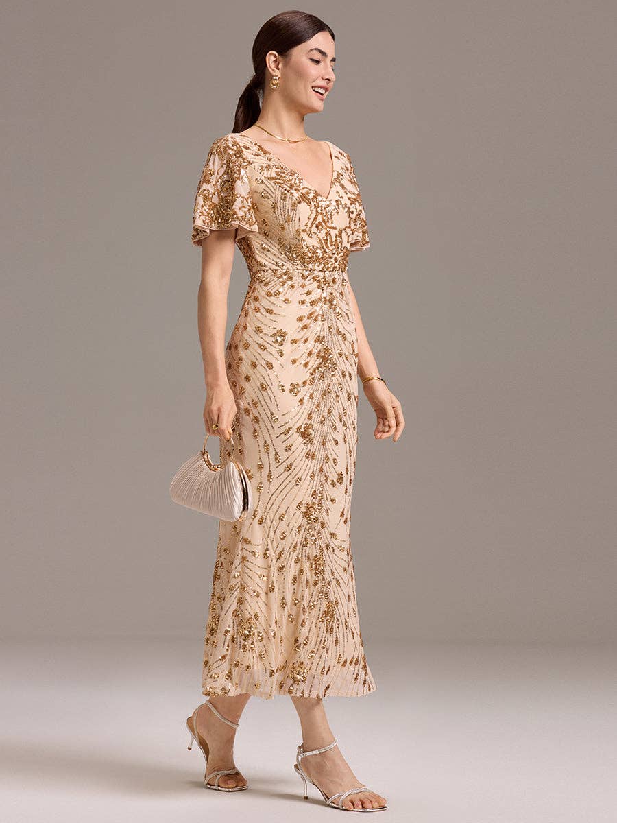 Strapless Deep Fishtail Paillette Midi Evening Dresses