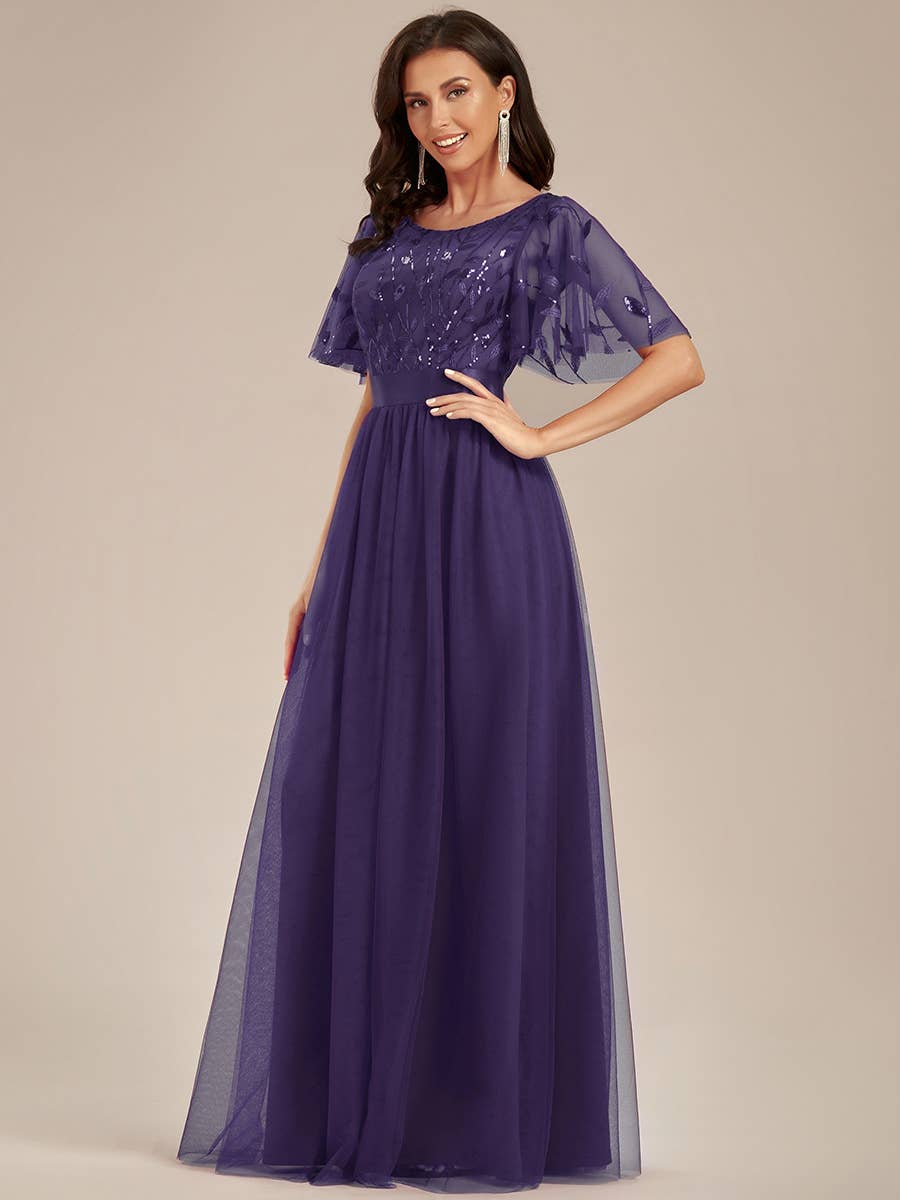 Sequin Print Maxi Long Evening Dresses with Cap Sleeve