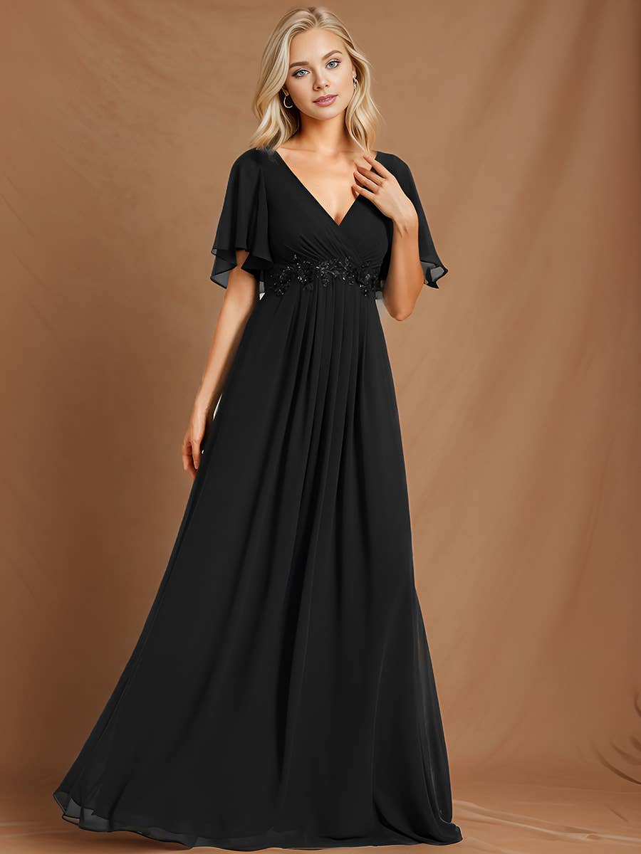 V Neck Appliques Pleated Bridesmaid Dress