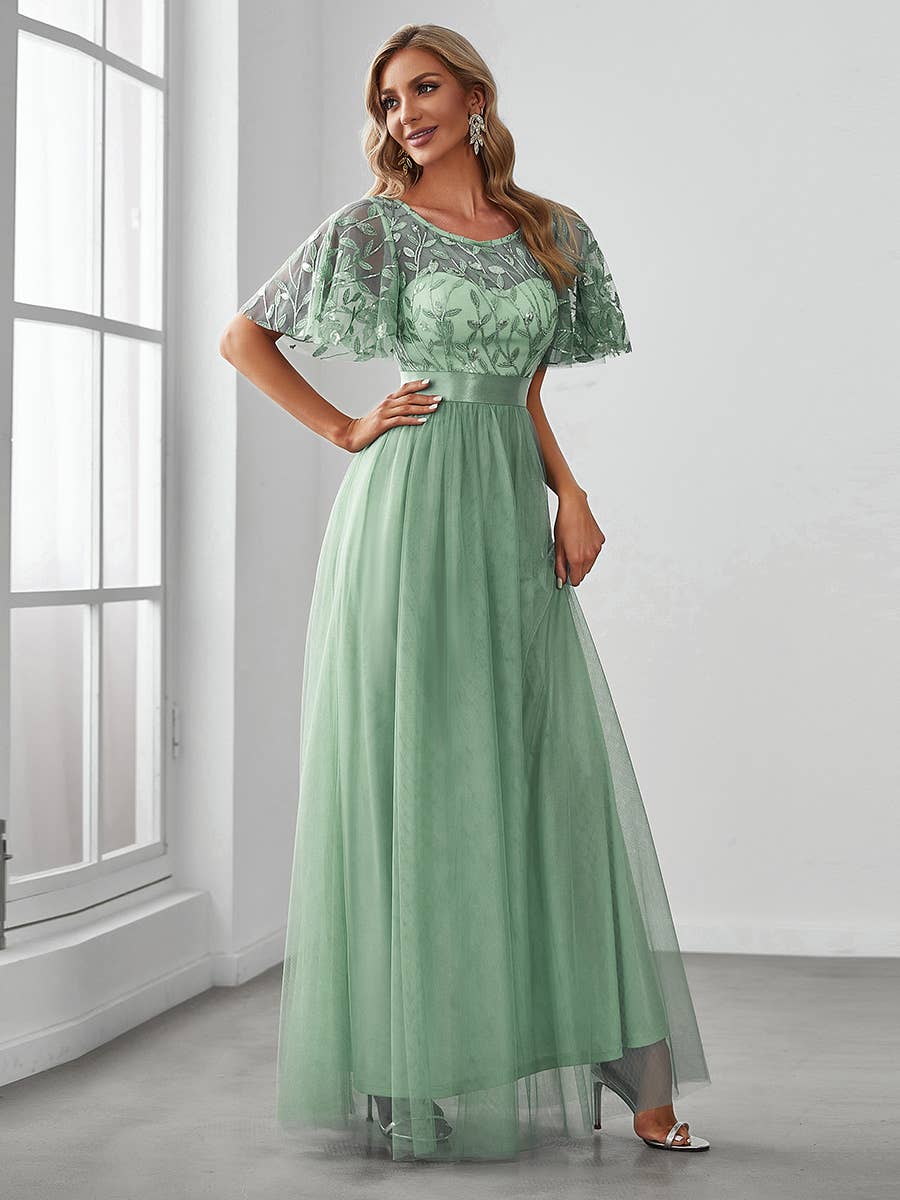 Sequin Print Maxi Long Evening Dresses with Cap Sleeve
