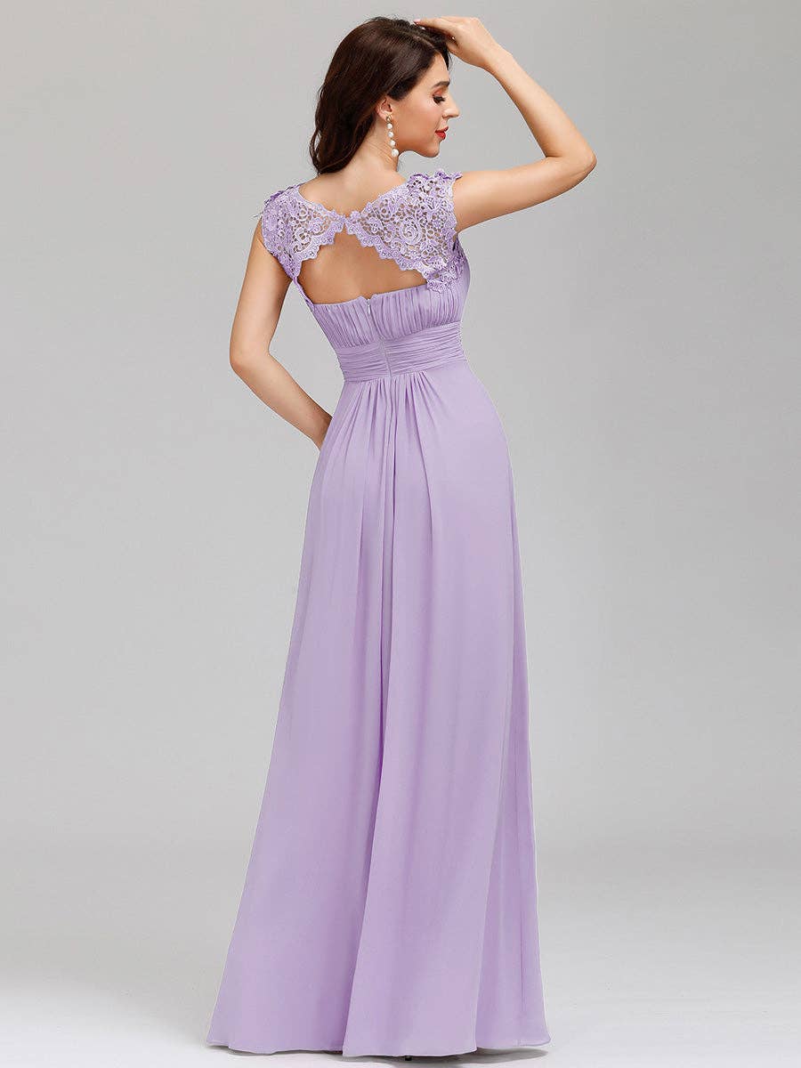 Lacey Neckline Open Back Ruched Bust  Chiffon Evening Dress