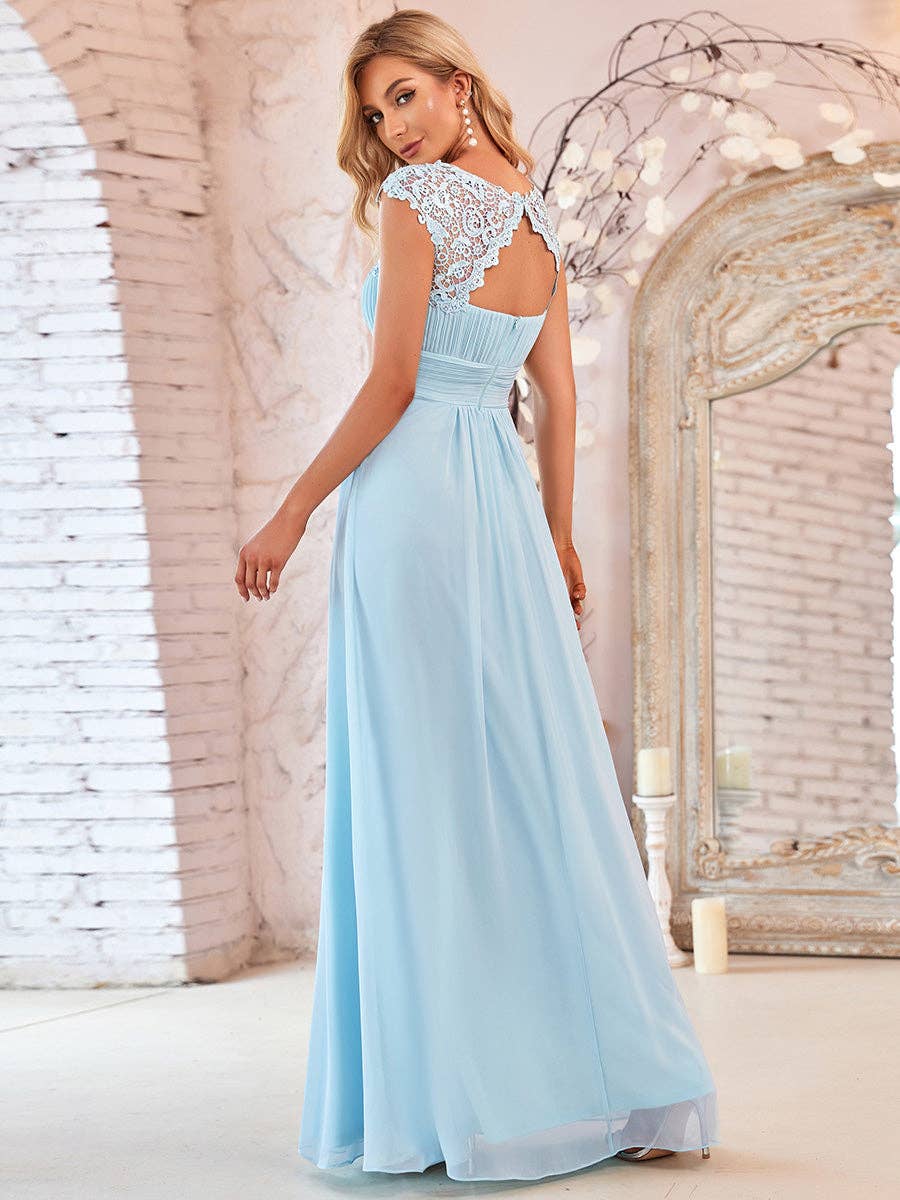 Lacey Neckline Open Back Ruched Bust  Chiffon Evening Dress