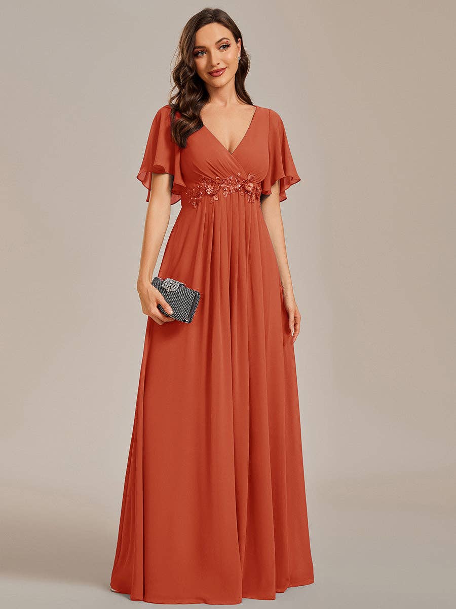 V Neck Appliques Pleated Bridesmaid Dress